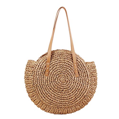 Formulaioue Casual Round Shape Lovely Straw Vintage Bag Bolso tejido de ratán Señoras de moda de punto Messenger Beach Bags - Café