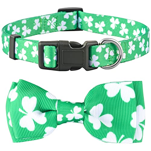 St Patricks Day Dog Collar with Bowtie, Gift Decor for Irish, Lucky Clover Shamrock Bow Tie (Large, St. Patrick's White Clover)