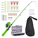 子供用釣り竿リールコンボ,キッズ釣り竿とリールコンボフルキット 1.5m 伸縮式釣りキャスティングロッド スピンキャストリールセット フック付き ルアー バレルスイベル 収納バッグ