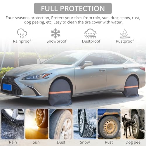 Image of Justech 4 Pack Tire Covers, Heavy Duty Vinyl Waterproof Coating Wheel Covers, Windproof Tire Wheel Protector Tire Accessories for RV, Truck, Trailer, SUV, Jeep, Fits Tire Diameter 27-29 inch, Grey