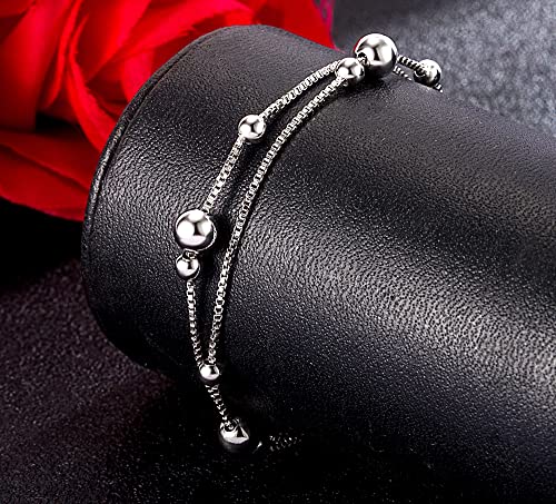 Meilanduo 925 Sterling Silver Two Layer Box Chain Bead Link Bracelet, Dual Purpose Of Anklet And Bracelet - Up To 11" Inch - For Women Girls Teens #TOP3