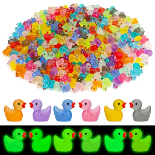 JYXT 250 Pcs Mini Resin Ducks Glow in The Dark, Tiny Animals Figures to Hide Luminous Miniature Plastic Duck for Fish Tank Aquarium Fairy Garden Dollhouse Micro Landscape Birthday Parties Decor