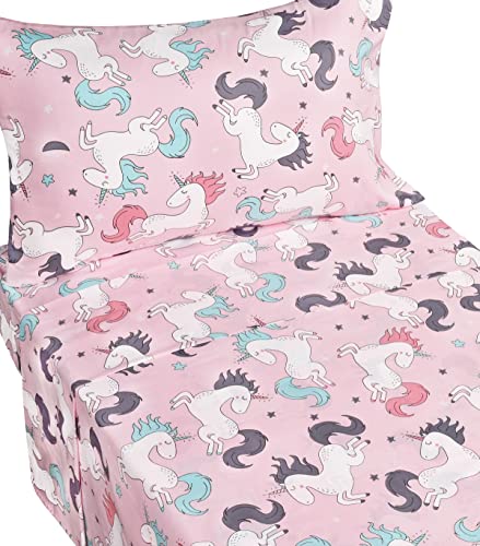 J-Pinno Pink Unicorn 100% Cotton 3 Pieces Cartoon Toddler Sheet Set For Kids Boys Girls, Flat Sheet Fitted Sheet And Pillowcase, Cozy Breathable Unisex Nursery School Crib Bedding Set (Unicorn) #TOP25