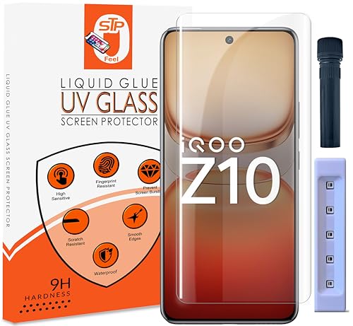 Image of STP FEEL Advanced UV Tempered Glass Screen Protector Guard Compatible For IQOO Z10 5G (6.77 Inch, Pack of 1) Full Adhesive UV Curved Case Friendly HD Clarity with easy installation kit for Smartphone