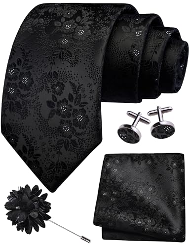 GUSLESON Black Tie for Men Wedding Silk Floral Necktie Pocket Square Cufflinks and Lapel Pin Brooch Set (6107-38)