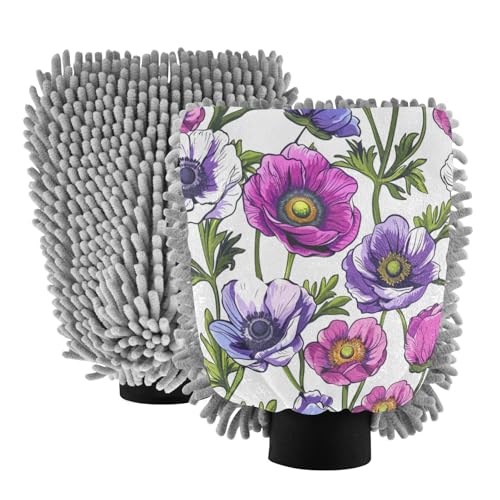 ALAZA Colorful Anemone Flower Car Wash Mitt Scratch Free, 2 Pack Absorbent Microfiber/Chenille Washing & Drying Mitts, L