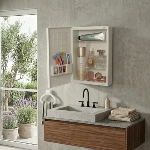 Image of BRANCO New Rich Look Bathroom Cabinet with Mirror | Storage Organiser | Strong Plastic Bathroom Shelves Wall Mounted | Bathroom Accessories| Mirror Cabinet | with Towel Ring | White