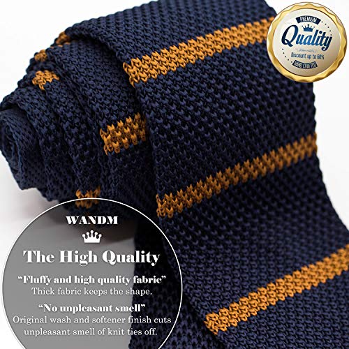 Wandm Men's Pointed Knit Tie Necktie Width 2.75 Inches Washable Horizontal Stripe Navy Blue And Ochre Line #TOP1