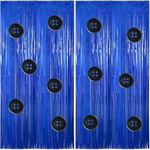 Tingjoo 2 Pcs Button Eyes Blue Foil Fringe Backdrop Curtain 3.3 x 6.6 ft with Button Eye Shape Decal Birthday Cartoon Horror Movie Party Decorations Photo Booth Props Baby Shower Party Supplies