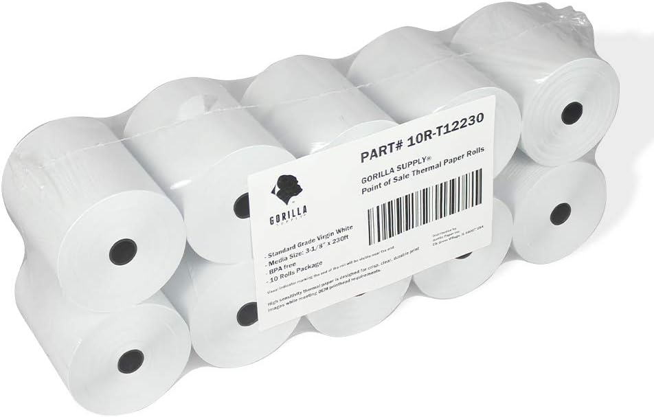 Gorilla Supply 55gsm 3 1/8 x 230 Thermal Paper Receipt Roll Clover Station Solo Duo TM-T88 T20 T90 Bixolon SRP-350 370, 3.125 x 230 ft Cash Register Paper, BPA Free, 50 Rolls