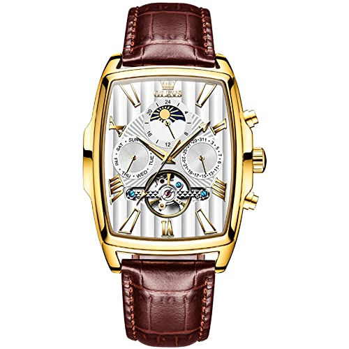 Image of OLEVS Men's Watch Designer Square Luxury Automatic Self Winding Skeleton Brown Breathable Leather Strap Dress Multi-Calendar Waterproof Moon Phase Stylish Suitable Gift