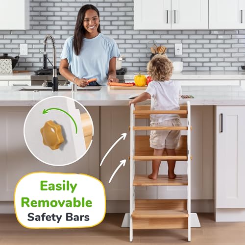 Toddler Standing Tower - Complete Toddler Kitchen Stool Helper - Ideal Kids Kitchen Step Stool for Learning New Skills - Updated Design with Safety Feet - White