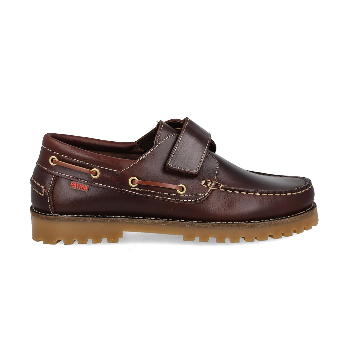 PAYMA Zapatos Náuticos Sport Casual Hombre, Mujer, Niño. Clásicos 3-Ojales de Piel. Piso de Goma. Tallas Grandes 45 46 47. Cierre Cordones o Contacto. Color: Marrón Contacto; Talla EU 41
