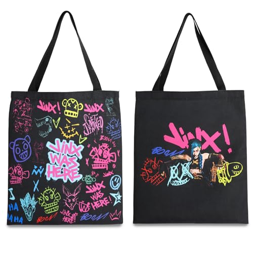 Huipalon Jinx Tote Bag Double-sided Patterns Black Canvas Tote Bag Arcane Jinx Graffiti Canvas Bag