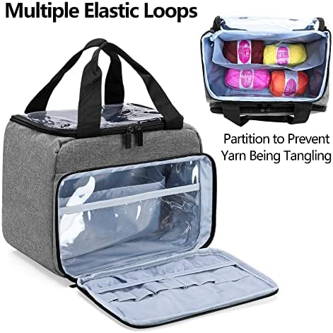 LoDrid Knitting Starter Kit with Yarn Set Tools for Beginners, Portable Knitting Tote Bag with 12(50g) Basic Colors Yarn & 2 Crochet Hooks, 6 E-Books, Yarn Project Organizer, for Adults & Kids, Grey