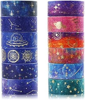 12 Rolls Washi Tape Set, Galaxy Purple Washi Tape Decorative Masking Tape Pastel Scrapbook Tape Aesthetic Gold Foil Washi Tape Stickers for DIY, Arts Craft, Gift Wrapping Decoration"