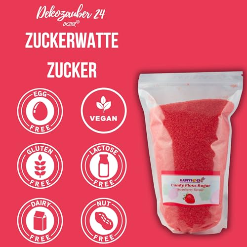 Dekozauber24 Premium Zuckerwatte Zucker mit Geschmack, 1000g, 8 Sorten, essbarer Farbzucker, farbig, Zuckerwattezucker 1kg (Erdbeere) – Bild 3