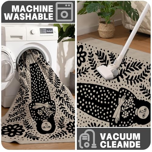 Tapis rond 120cm style art populaire noir avec imprimé de femmes africaines pour salon - 8