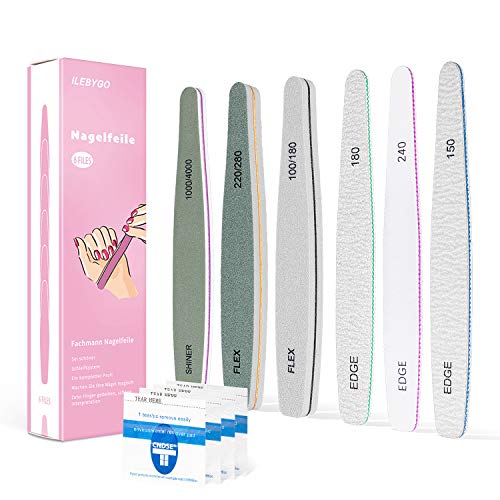 Nagelfeile, 6 Stück Professionelle Nagelfeilen Set für natürliche Nägel und Gelnägel, Doppelseitige Nagelfeilen Buffer…