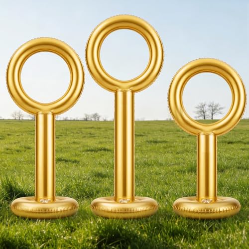 Charnoel Magical Wizard Party Decor 3 Pcs Gold Inflatable Round Hoop Magical Wizard Party Decorations Inflatable Gold Ring Hoop with Goal Posts for Birthday Game House Decoration