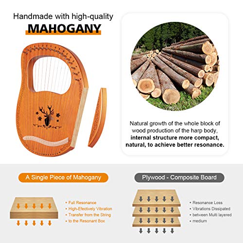 Topnaca Lyre Harp, 16 snaren, massief, mahonieharp met draagtas, extra snaren, stemsleutel, reinigingsdoek, plectrums - Image 3
