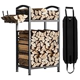 Yorbay Kaminholzregal Innen Metall Klein: Brennholzregal Doppelschicht mit Haken und Kaminholztasche - Schwarz Robustes Holzregal für Kamin - aussen Kaminholz Aufbewahrung für Brennholz