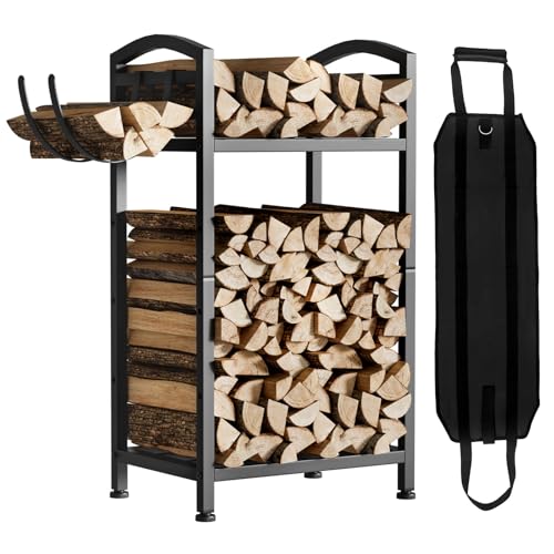 Yorbay Kaminholzregal Innen Metall Klein: Brennholzregal Doppelschicht mit Haken und Kaminholztasche - Schwarz Robustes Holzregal für Kamin - aussen...