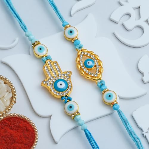 Image of eCraftIndia Hamsa Hand Evil Eye Rakhi Set of 2 | Rakhi for Brother Bhaiya Bhai with Best Bro Ever Fridge Magnet | Roli Chawal Pack