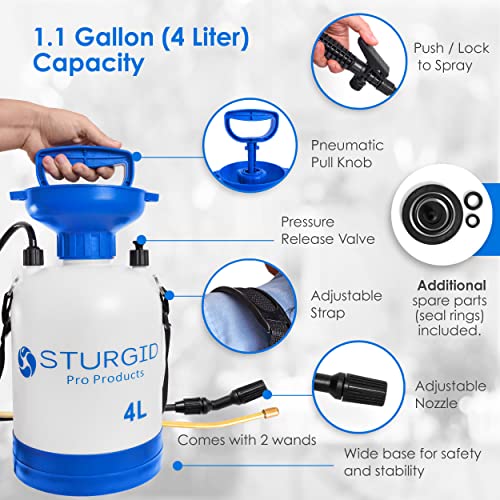 Sturgid 82030 Sprayer For Lawns And Gardens Or Cleaning Decks, Siding And Concrete - 1.1 Gallon (4L) With Pressure Release Valve, Sholder Strap, And 2 Wands (Brass And Plastic) #TOP1