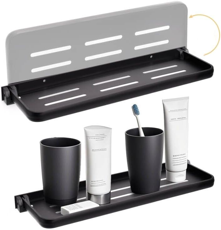 DEAYOU 2 Pack Folding Wall Shelf for Bathroom, 90° Fold Up Floating Shelf, Wall Mounted Drop Down Metal Shelves for RV, Campers, Laundry Room, Toilet Room, Kitchen, Waterproof, Space Saving, 15.7