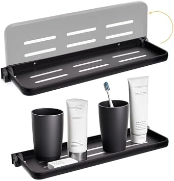 2 Pack Folding Wall Shelf for Bathroom, 90 Fold Up Floating Shelf, Wall Mounted Drop Down Metal Shelves for RV, Campers, Laundry Room, Toilet Room, Kitchen, Waterproof, Space Saving, 15.7"