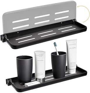 DEAYOU 2 Pack Folding Wall Shelf for Bathroom, 90° Fold Up Floating Shelf, Wall Mounted Drop Down Metal Shelves for RV, Campers, Laundry Room, Toilet Room, Kitchen, Waterproof, Space Saving, Black