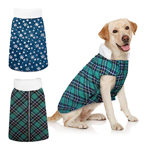 Bonaweite Dog Waterproof Windproof Reversible Jacket Winter Warm Apparel British Style Plaid Cold Vest Furry Collar Coat for Cold Weather Small Medium Large Dogs