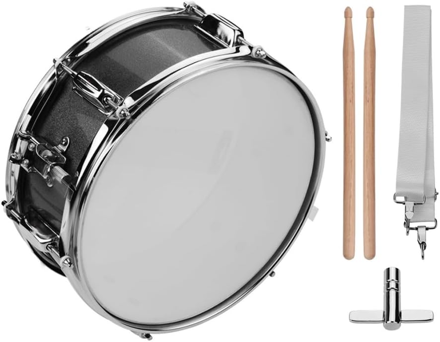 12-Inch Snare Drum with Drumsticks, Shoulder Strap, Drum Key - Portable Percussion Instrument for Students & Beginners (Black)