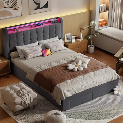 okwish Cama tapizada de 140 x 200 cm con cajones, LED y USB, cabecero con espacio de almacenamiento, cama hidráulica con somier y somier, juvenil y doble, terciopelo gris oscuro, sin colchón