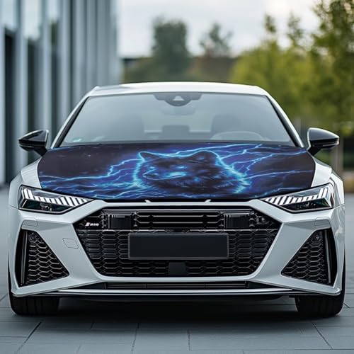 Image of Blue Wolf Car Hood Cover Polyester Elastic Fabrics Washable Suitable for Large SUV and Pickup Trucks 39x59in