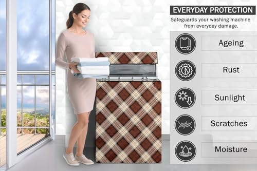 Image of Stylista Washing Machine Cover Compatible for Godrej 7 Kg Fully-Automatic Top Loading WT EON 700, Checkered Pattern Beige