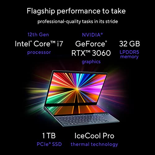 Image of ASUS Zenbook Pro Duo 15 OLED (2022), 15.6 inch (39.62 cms) 4K OLED Touch, Core i7-12700H 12th Gen, Dual Screen Laptop (32GB /1TB SSD /6GB GeForce RTX 3060 /Windows 11 /Office 2021 /Blue /2.3 kg), UX582ZM-H701WS