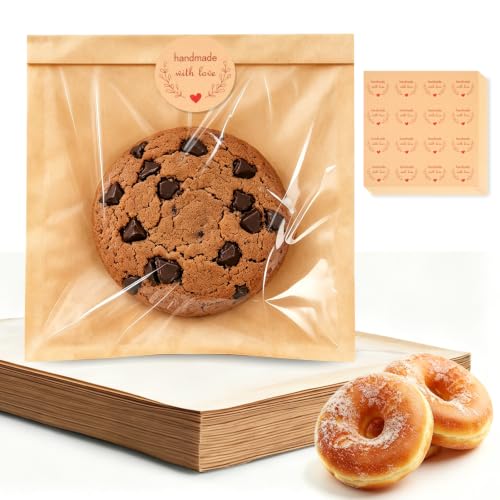100Pcs Cookie Bags with Seal, 7.1x7.5" Large Heat-Sealable Cookie Bags with Window, Grease Resistant individual Kraft Paper Bags with Thank You Stickers for Bakery & Gifts Packing