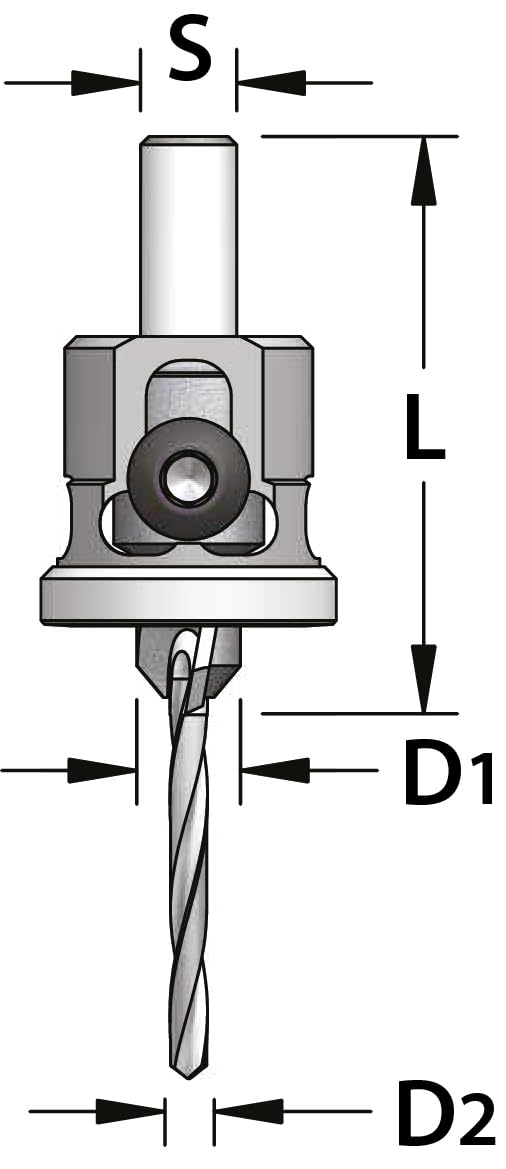 ENT 52052 Versenker 90° mit Tiefenanschlag HW, Bohrdurchmesser (D2) 2,5 mm, Versenker (D1) 8,5 mm, L 49 mm