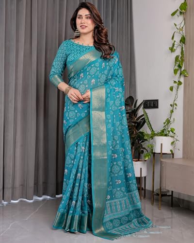 Image of ALMAARI FASHION Handloom Cotton Linen Saree for Women with Floral Printed Design and Tassel Pallu, Traditional Ethnic Lightweight Saree for Daily Office Festive with Blouse Piece