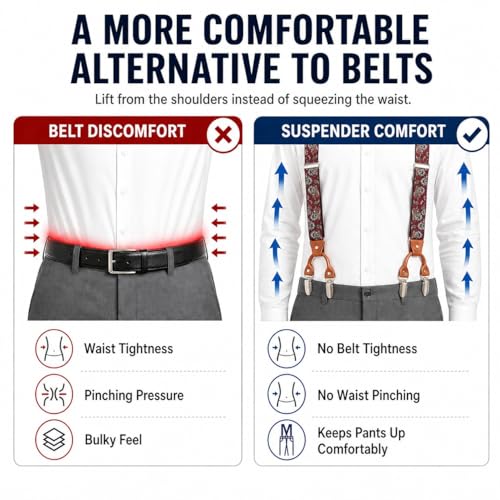 Image of Men's Heavy Duty Y-Back Suspenders, 6 Strong Metal Clips Adjustable Elastic Straps for Work, Tuxedos, and Daily Wear