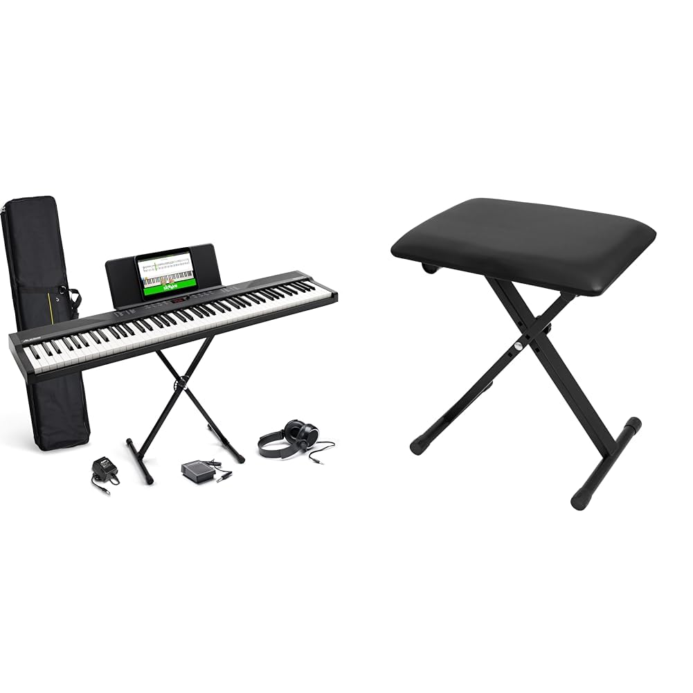 Alesis Clavier piano 88 touches avec 480 sons, haut-parleurs, MIDI USB, sac de transport, support & CASCHA Banc de Clavier réglable en Hauteur I Tabouret de Piano Pliable I Banc de Piano rembourré