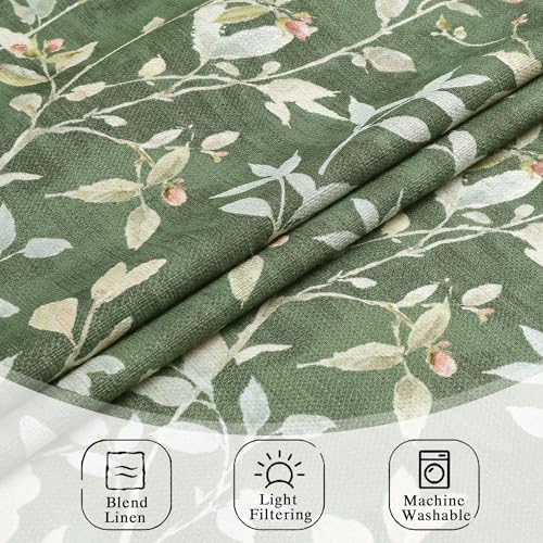 Image of Chyhomenyc Linen Blend Window Curtains 63 Inch Length 2 Panels, Light Filtering Floral Printed Curtain Drapes for Living Room, Rod Pocket Soft Bedroom Curtain Panels, 38Wx63L Inch, Green
