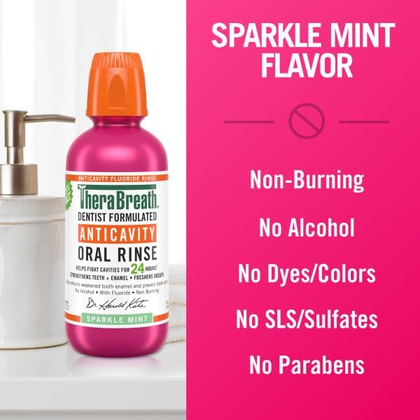 Miniatura 4 de TheraBreath Enjuague bucal anticaries con flúor, menta brillante, formulado por dentistas, 1 litro (33.8 fl oz) + tamaño de viaje, 3 onzas líquidas