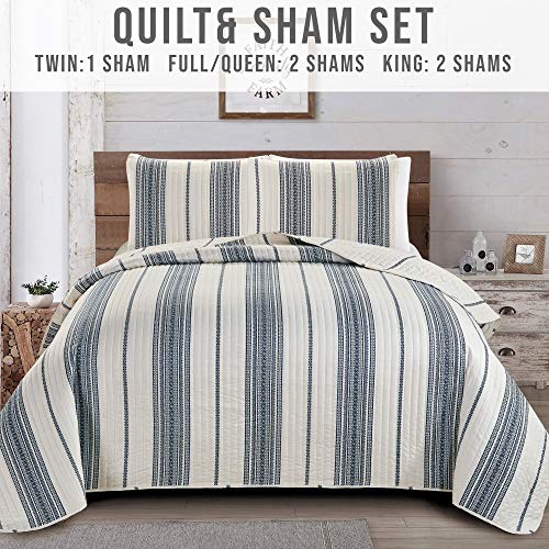 Great Bay Home Bedding Set, 3 Piece Reversible Lightweight Quilt Comforter With 2 Shams, All-Season, Modern, Striped Bedspreads, White/Navy Striped Coverlet Sets, Wesley Quilts Collection, King #TOP3