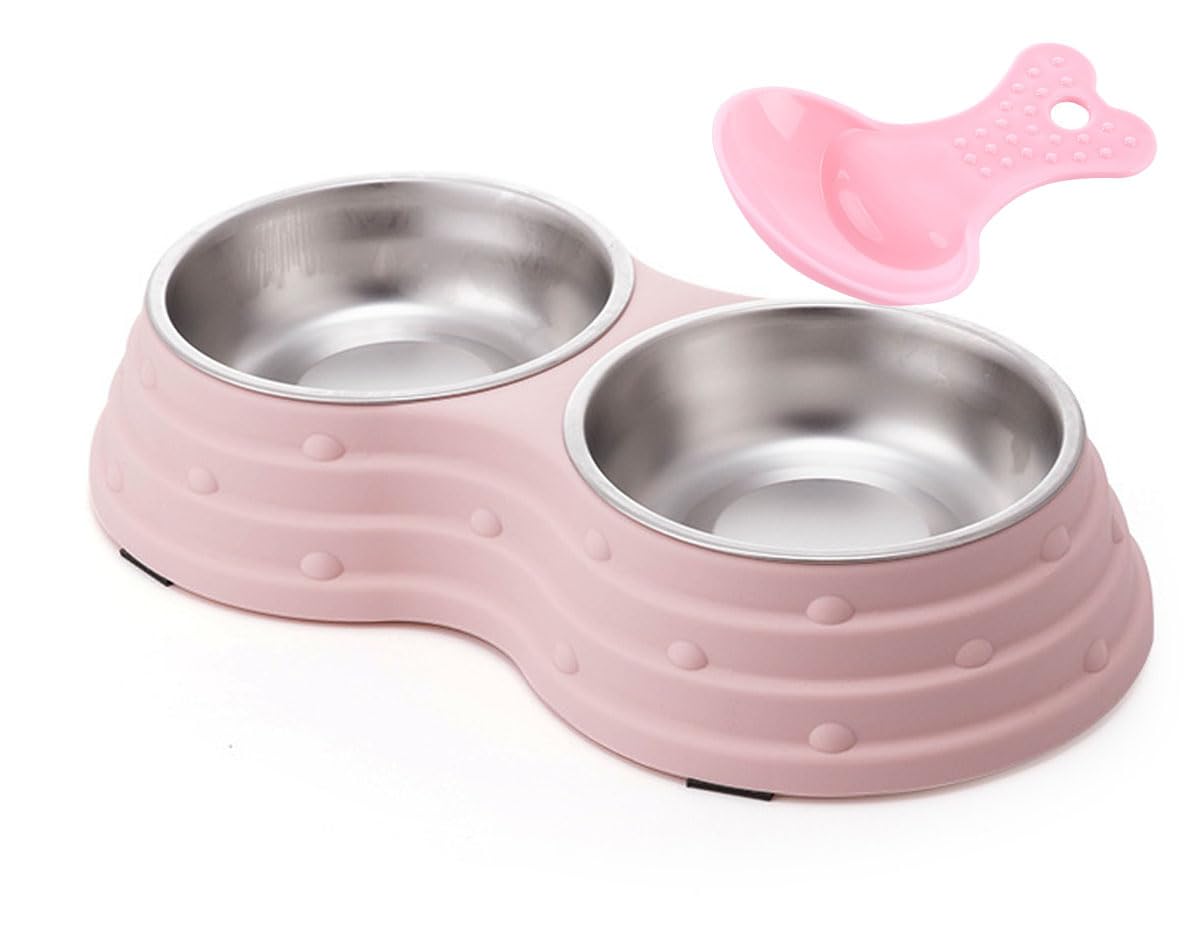 KuTi Kai Double Dog Bowls for Food and Water,Premium Removable Stainless Steel Double Bowls with Non-Slip Bottom and 1 Pet Food Scoop for Pet and Small Dogs Cats etc (Small, Pink)