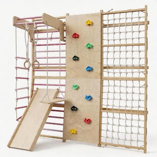 ActiveTrail Multi-Functional Swedish Ladder Wall Gym 79 Wooden Wall-Mounted Climbing Set with Slide Swing Rope Rings Monkey Bars Indoor Playset for Kids and Adults