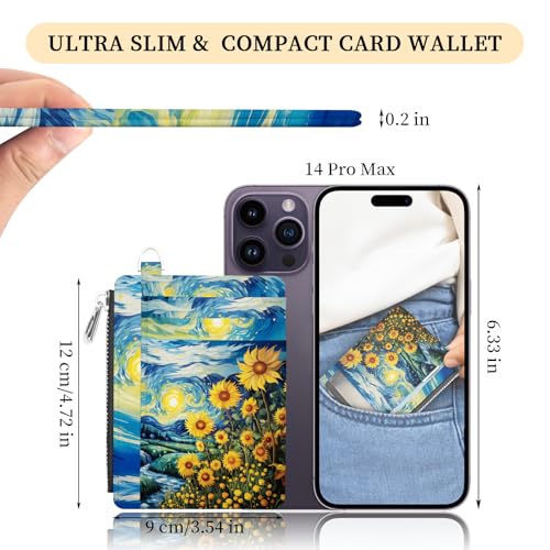 Image of Hancynir Slim Wallet Women Credit Card Holder Sunflowers RFID Small Mini Card Case Front Pocket PU Leather Thin Travel Zipper Coin Cash ID Window Ladies Female Wallet Gifts