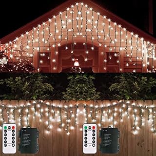 [2 Pack] Battery Operated Christmas Icicle Lights Green Cable 2.4m 102 LED 18 Drops Outdoor LED Icicle Fairy Lights w/ Remote 8 Modes Icicle String Lights for Garden Yard Xmas Decor (Cool White)